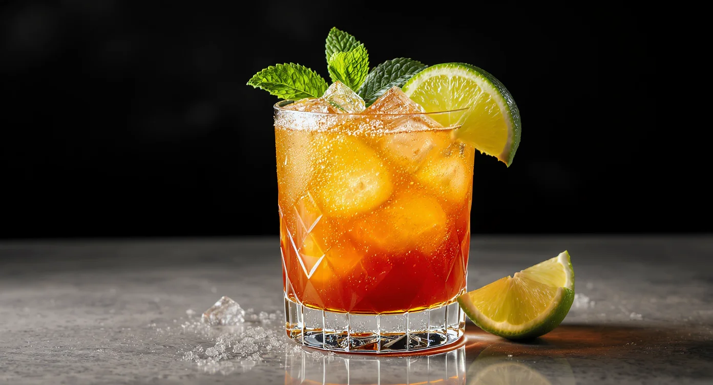 Authentic Mai Tai Recipe cocktail with fresh lime and mint garnish in a glass with ice.