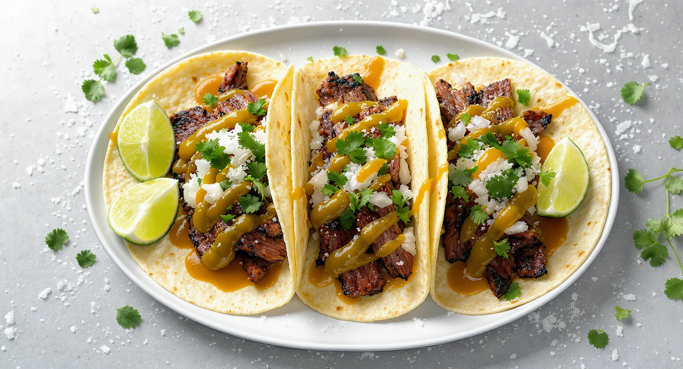 Authentic Mexican Steak Tacos Recipe with grilled beef, fresh cilantro, onions, and lime wedges on tortillas