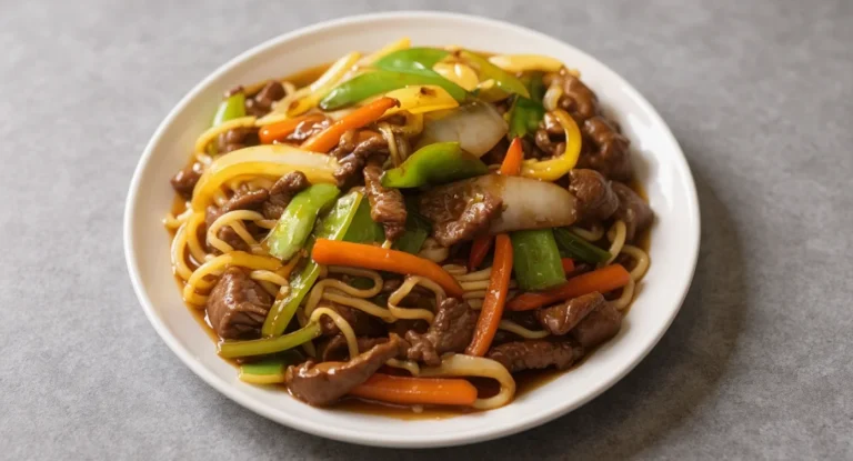 Beef Chop Suey Recipe with fresh vegetables and noodles in savory sauce