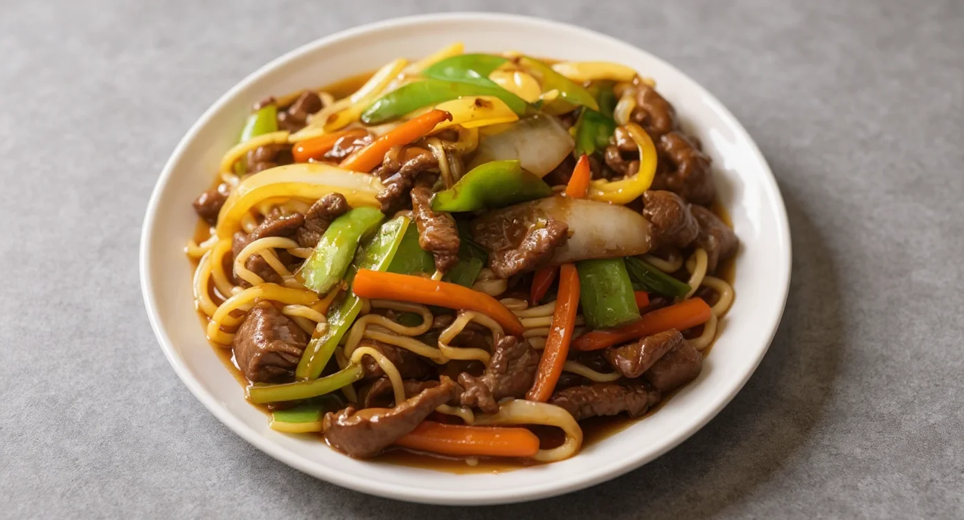 Beef Chop Suey Recipe with fresh vegetables and noodles in savory sauce