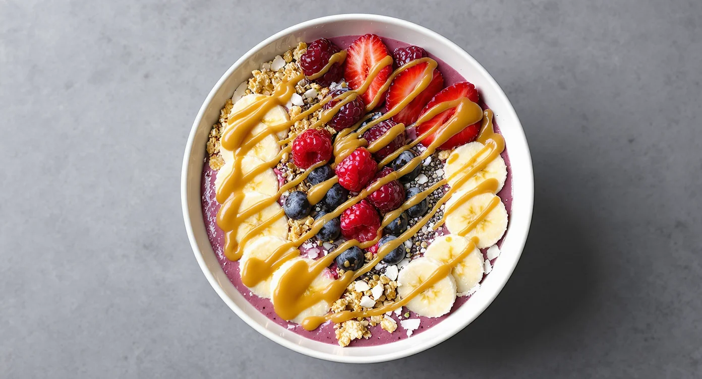 Colorful Easy Acai Bowl Recipe topped with banana, strawberries, raspberries, blueberries, granola, and peanut butter drizzle.