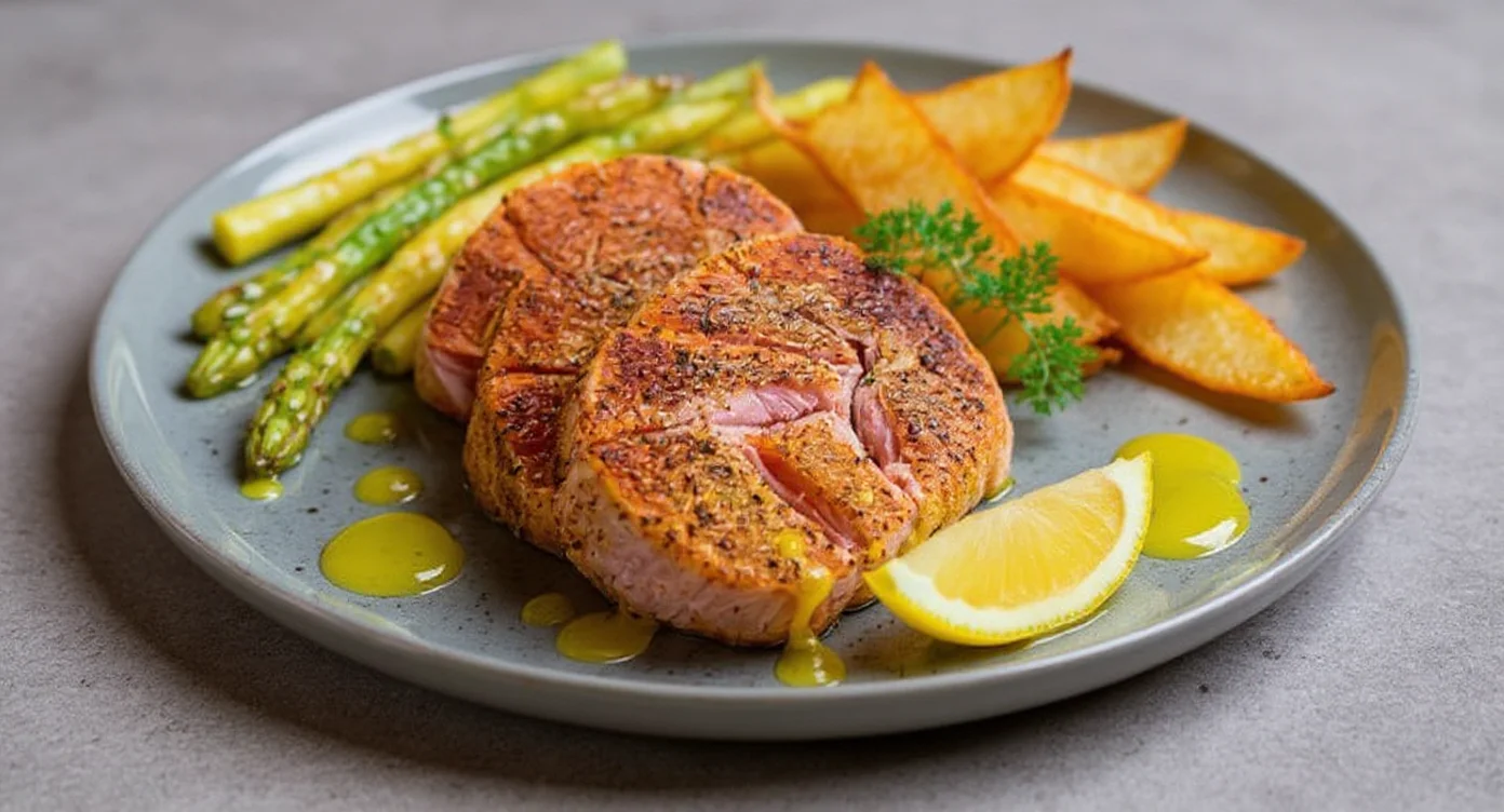 Easy Air Fryer Tuna Steak Recipe served with asparagus, potato wedges, and lemon wedge on a plate.
