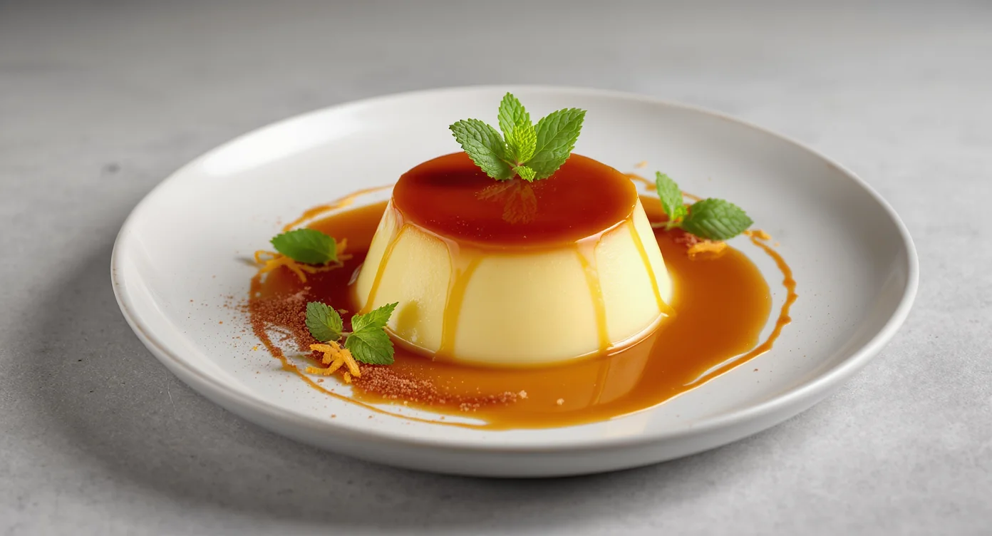 Easy Flan Napolitano Recipe served with caramel sauce and fresh mint leaves on a white plate.
