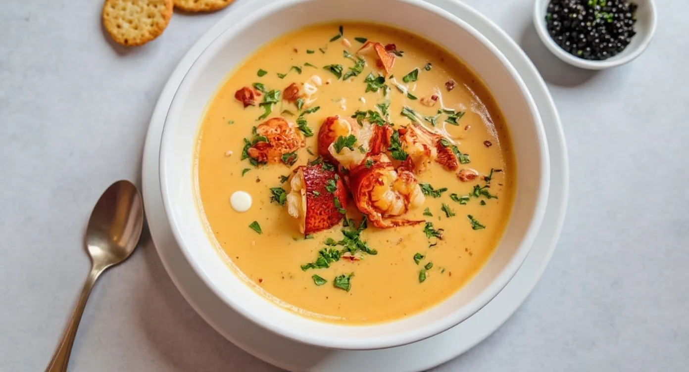 Easy Lobster Bisque Recipe served in a bowl with fresh lobster chunks and herbs
