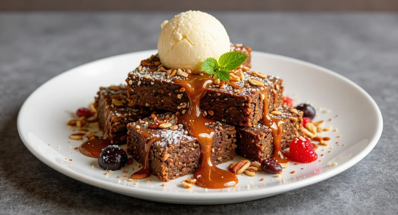 Easy Sweet Potato Brownies Recipe topped with caramel sauce, vanilla ice cream, and fresh berries