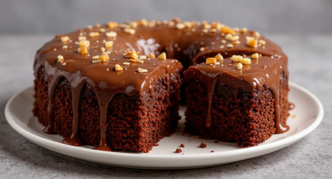 Easy Texas Sheet Cake Recipe topped with rich chocolate glaze and chopped nuts