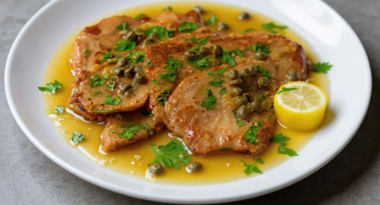 Easy Veal Scallopini Recipe with lemon sauce and capers served on a white plate