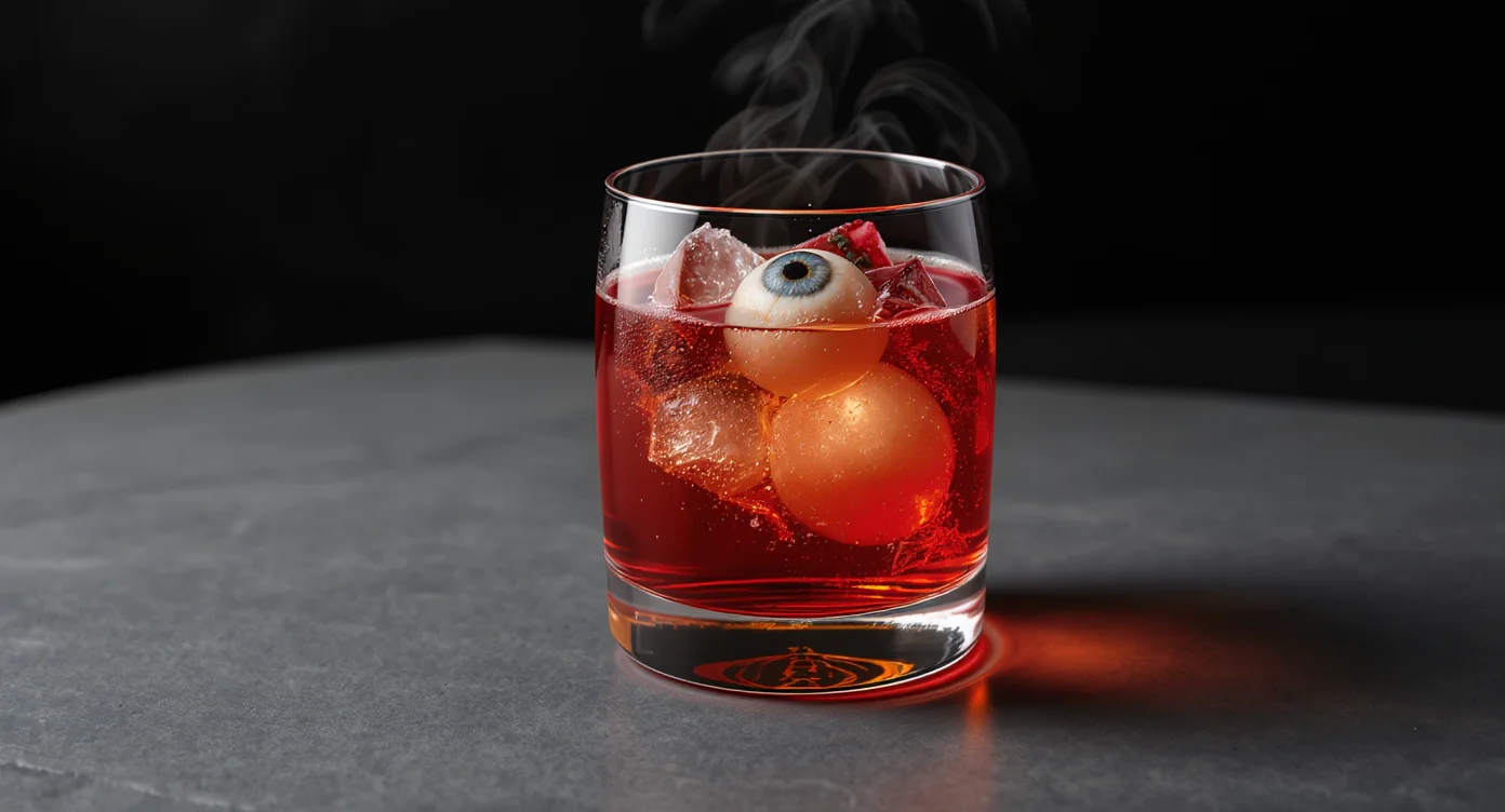 Eyeball Potion Halloween Drinks Cocktails served in a spooky glass with ice and edible eyeball garnish.