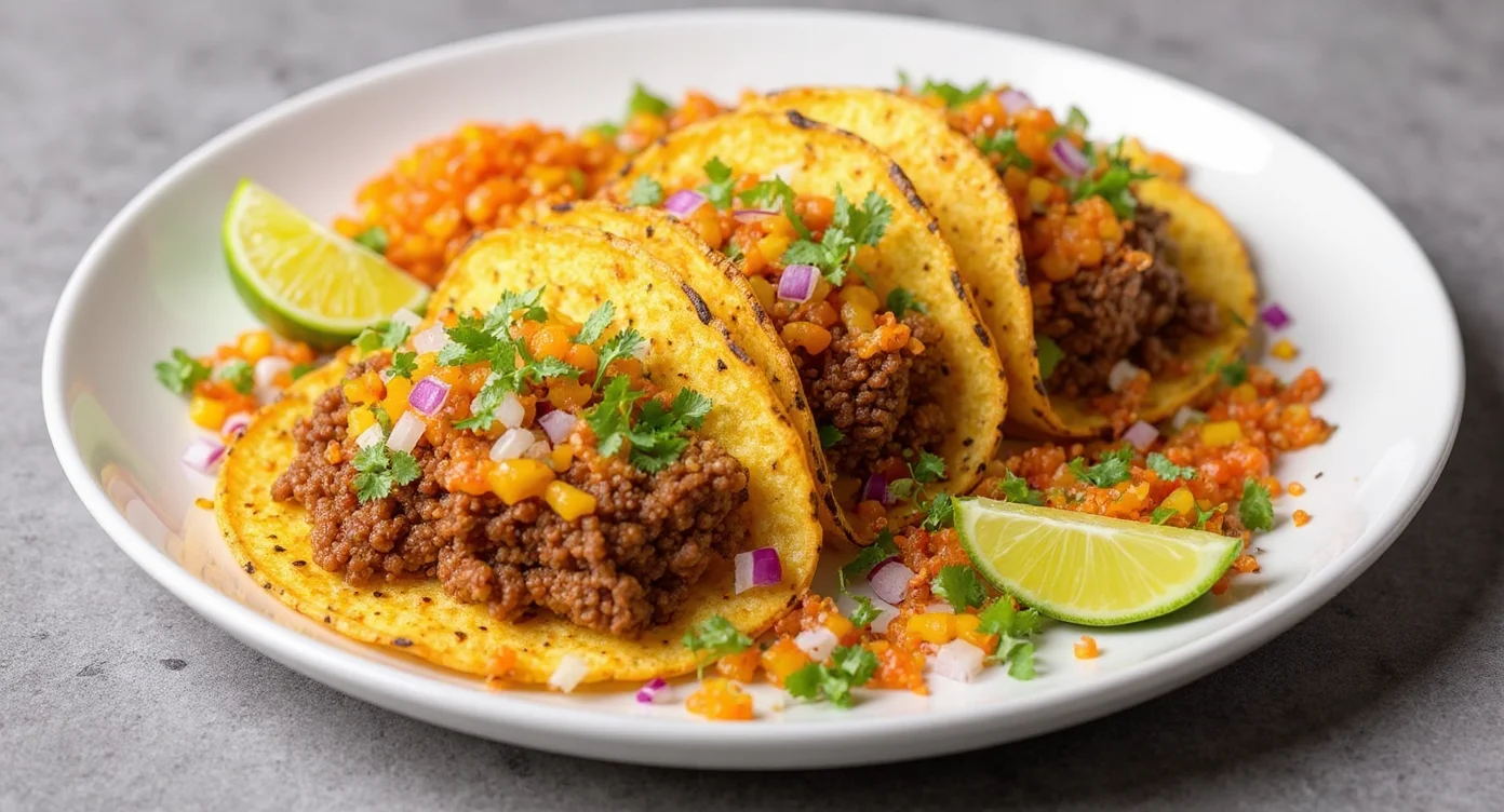 Homemade ground beef taco meat recipe served in corn tortillas with fresh toppings.