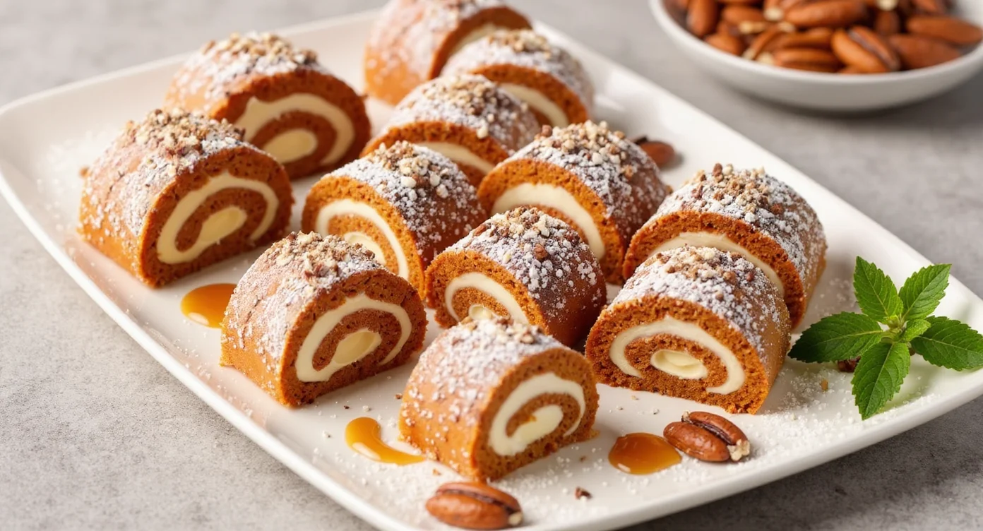 Healthy Pumpkin Roll Dessert with cream cheese filling and pecan topping