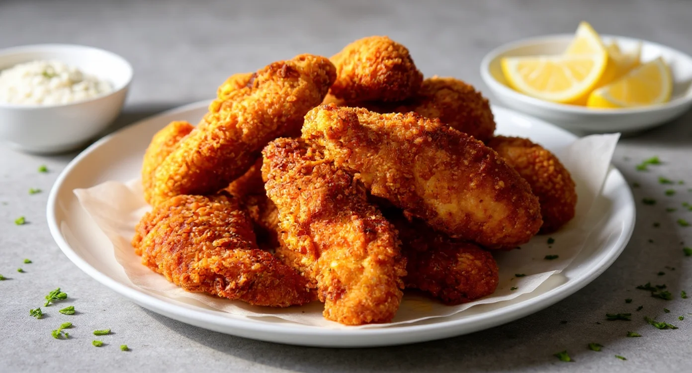 Crispy golden pieces from a Homemade Fried Chicken Recipe served on a plate.