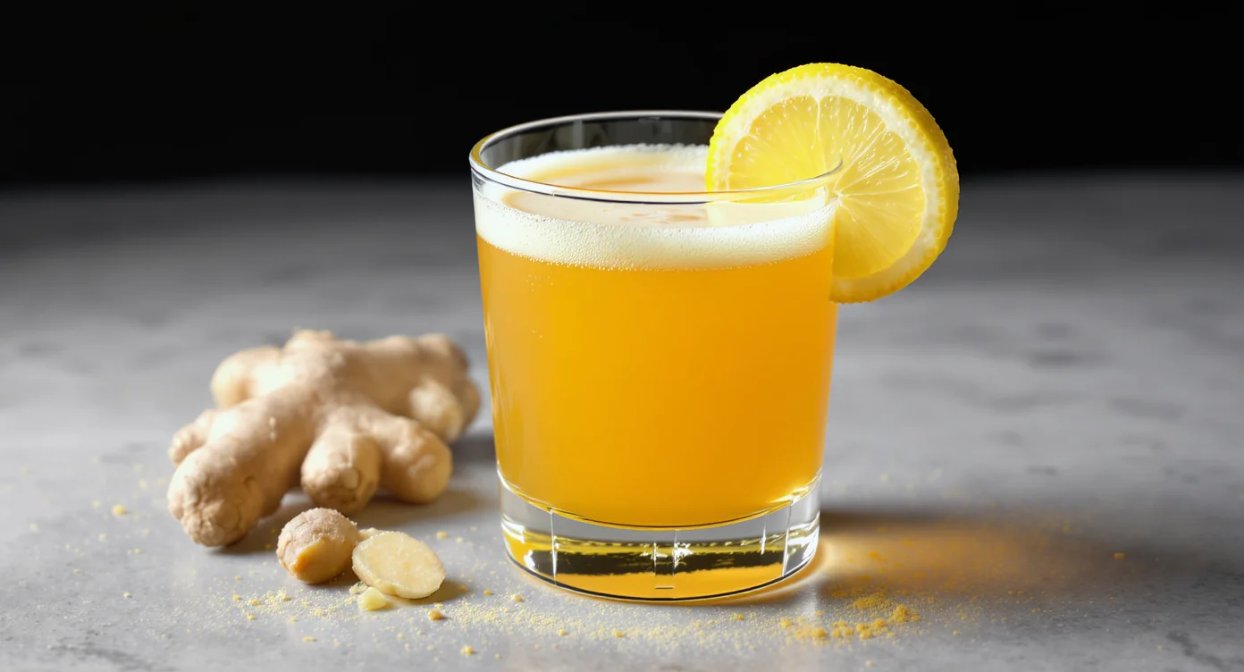 Homemade Ginger Shot Recipe with fresh ginger and lemon slice garnish in a glass.