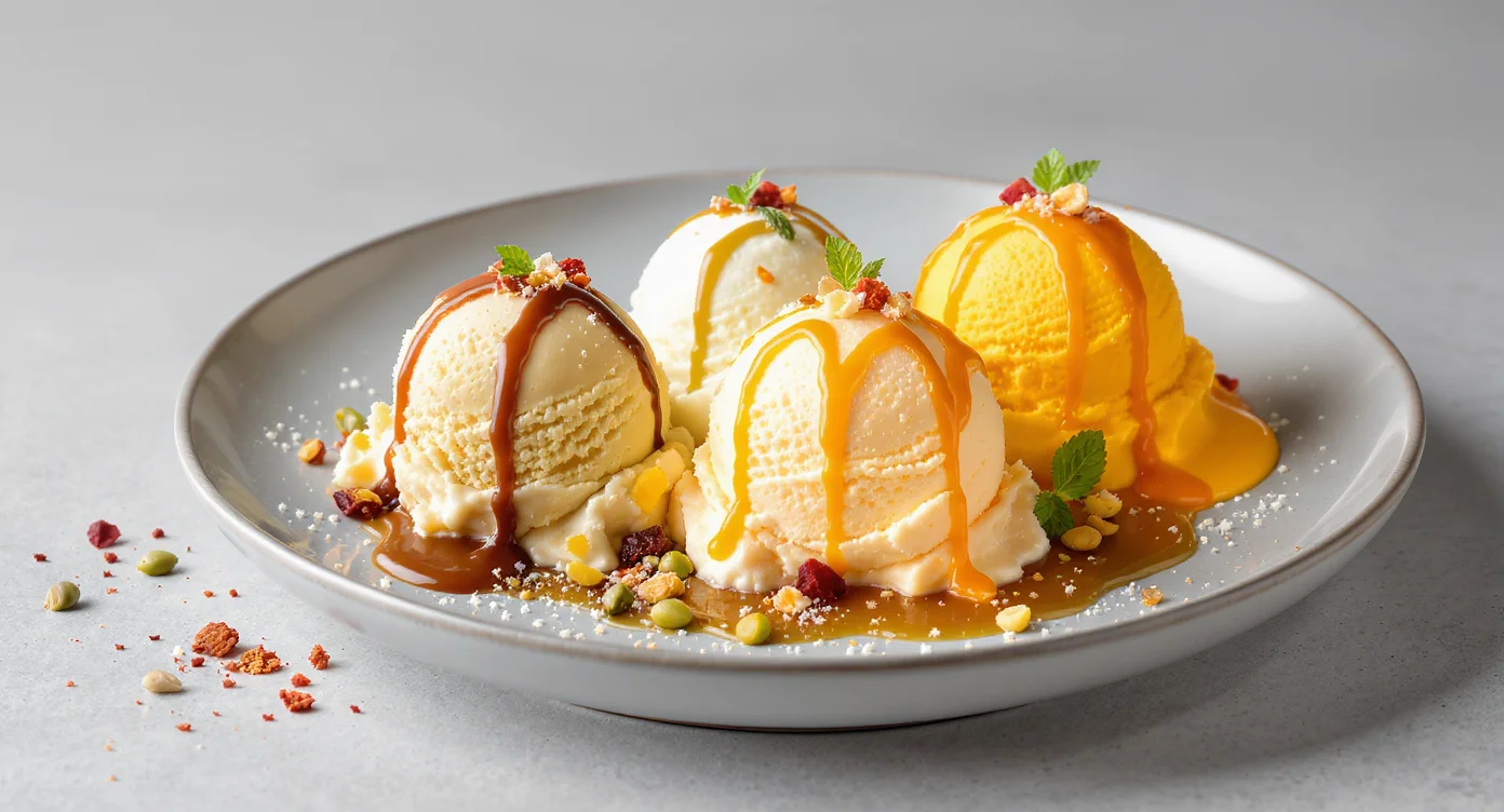 Homemade Mexican Ice Cream Recipe served with caramel drizzle and toppings on a plate