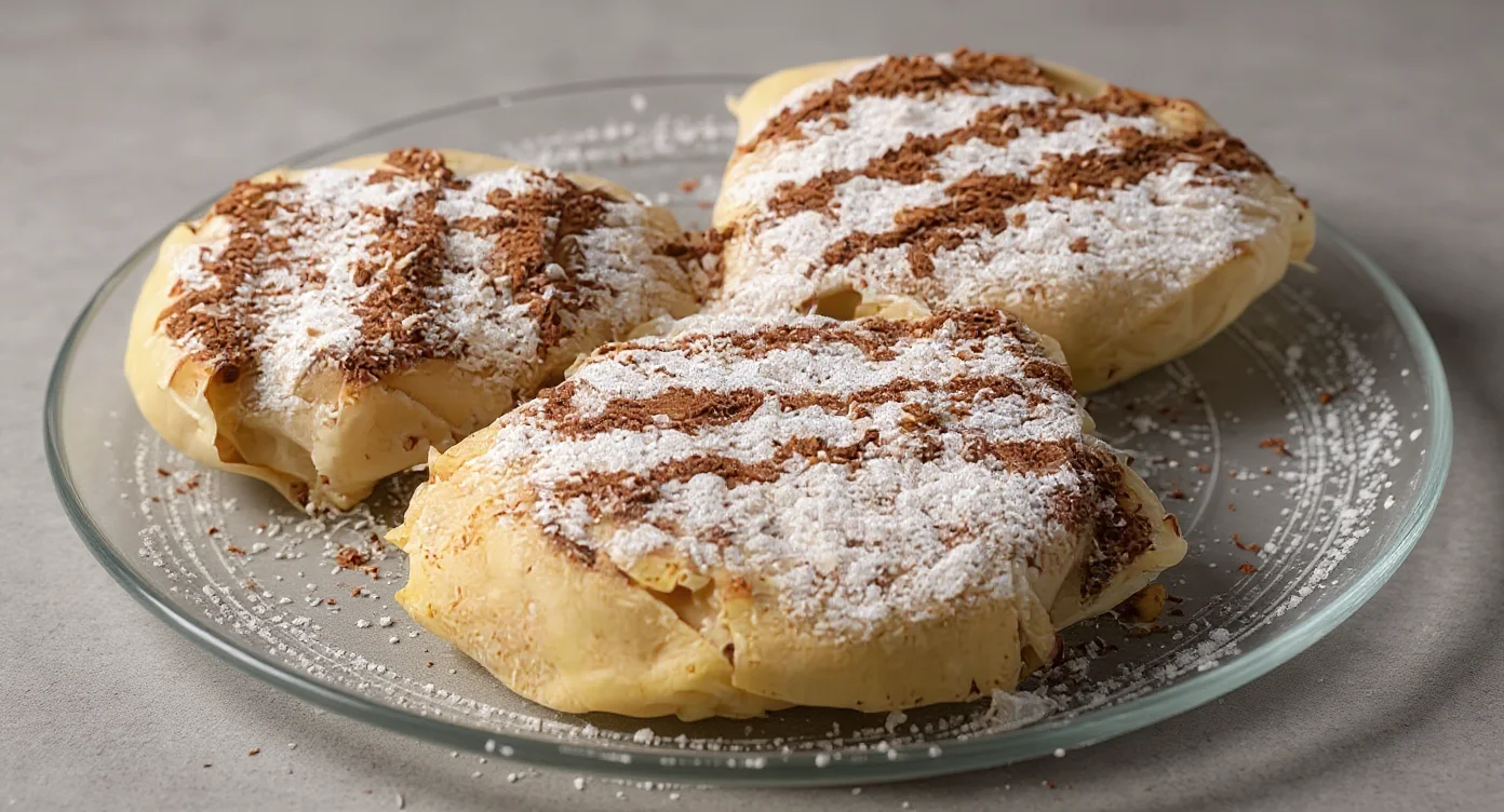 Moroccan Chicken Pastilla topped with powdered sugar and cinnamon on a serving plate