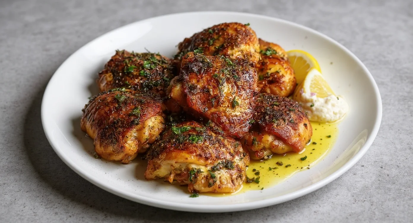 Crispy chicken thighs in oven served with lemon and herbs on a white plate
