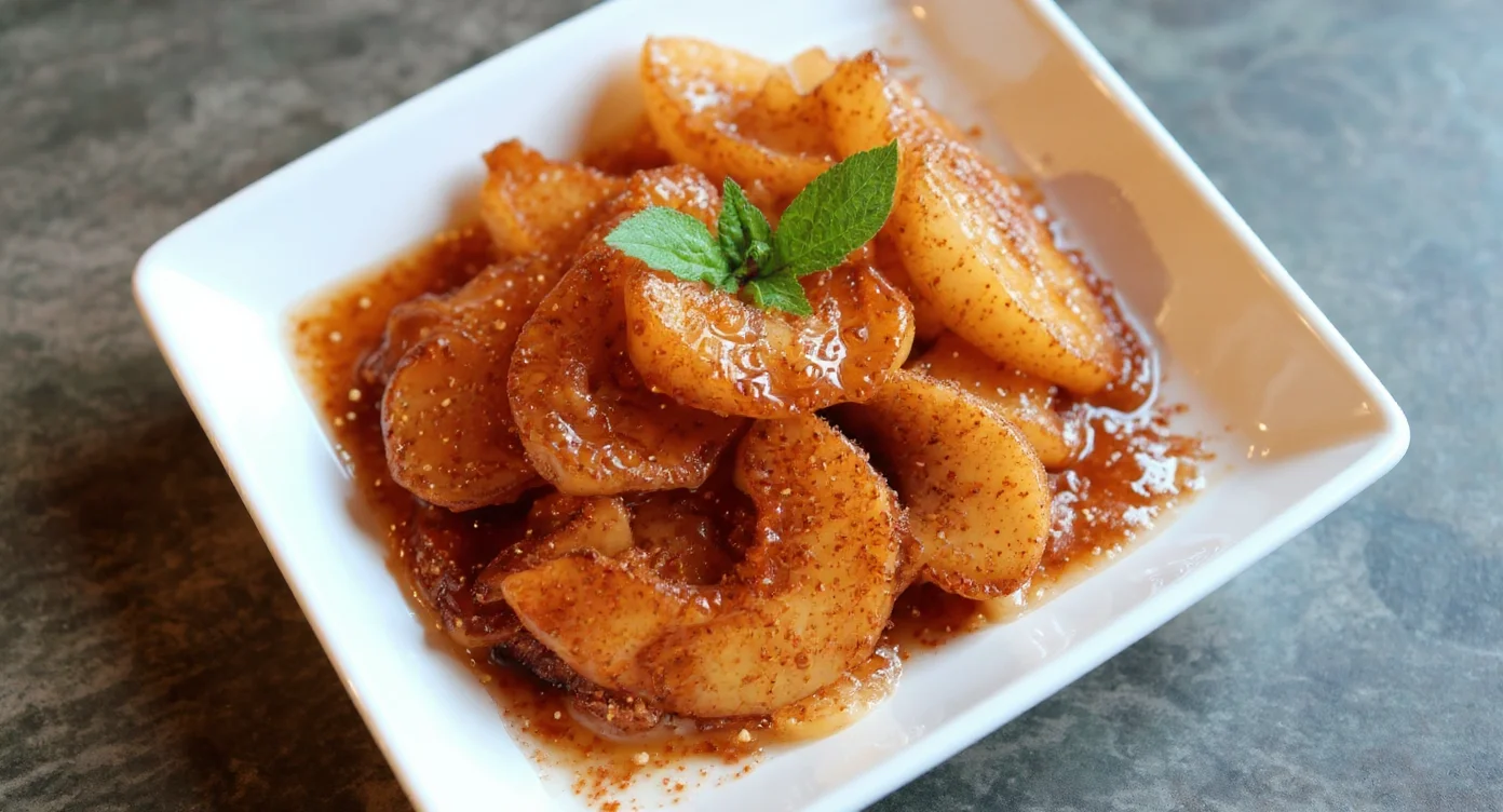 Easy southern fried apples recipe served warm with cinnamon glaze in a white dish.