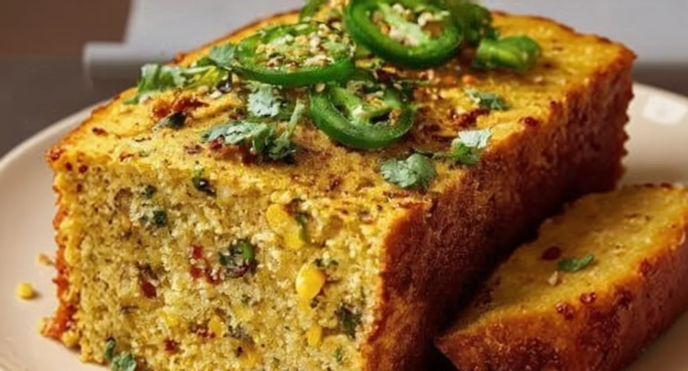 Homemade Mexican cornbread recipe topped with jalapeños and fresh cilantro.