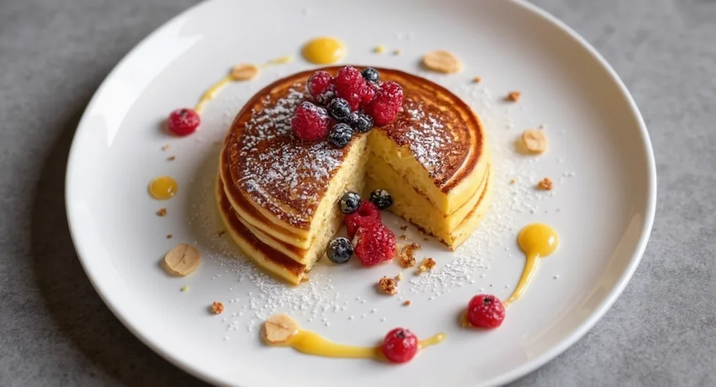 Fluffy Authentic German Pancake Recipe topped with raspberries, blueberries, and powdered sugar
