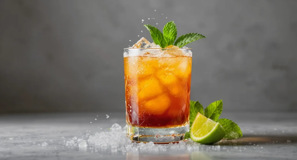 Authentic Mai Tai Recipe served in a glass with ice, lime wedge, and mint garnish.