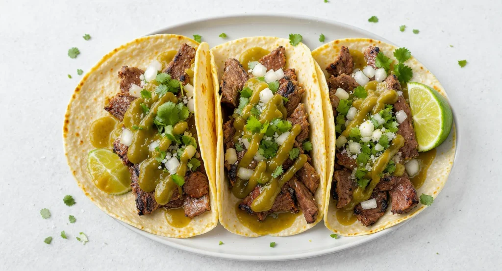 Authentic Mexican Steak Tacos Recipe served with tender grilled steak, salsa, and fresh lime slices