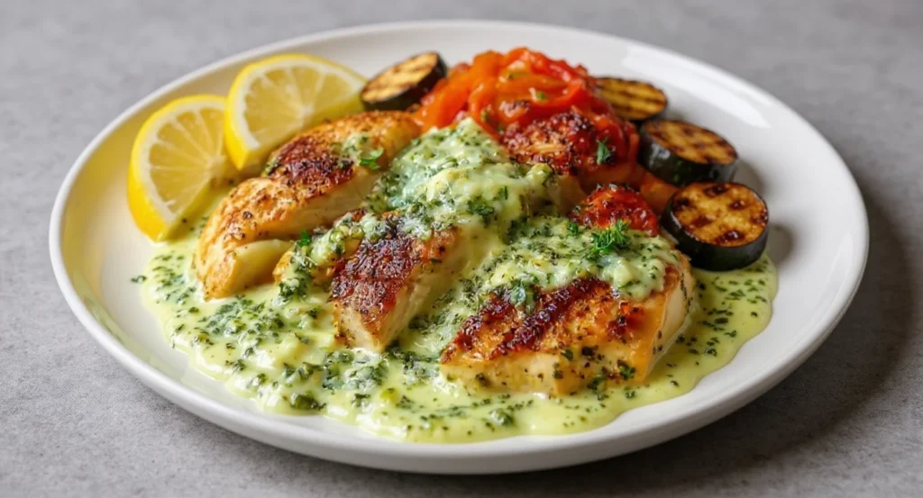 Delicious Creamy Pesto Chicken Recipe with juicy chicken breast, creamy sauce, and fresh herbs