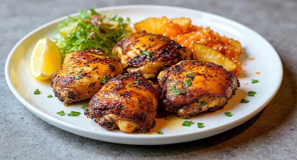 Crispy chicken thighs in air fryer served with potato wedges, salad, and lemon on a white plate.