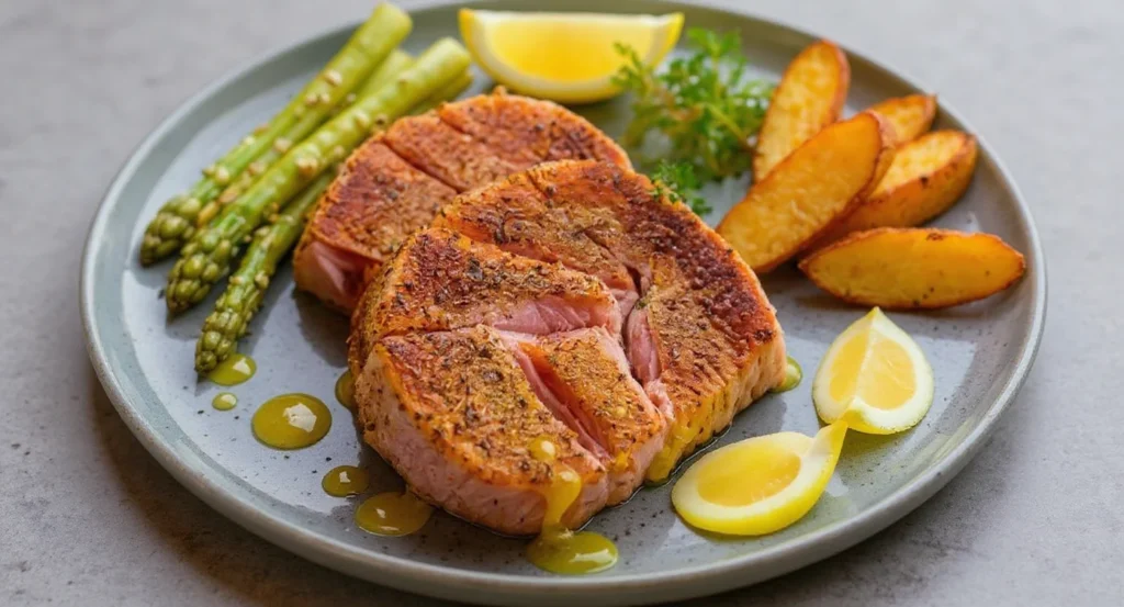 Easy Air Fryer Tuna Steak Recipe with crispy potato wedges, fresh asparagus, and lemon garnish.