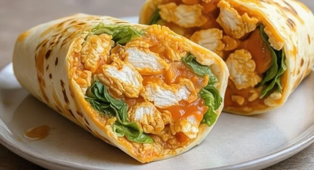 Freshly made Easy Buffalo Chicken Wrap Recipe served on a tortilla wrap
