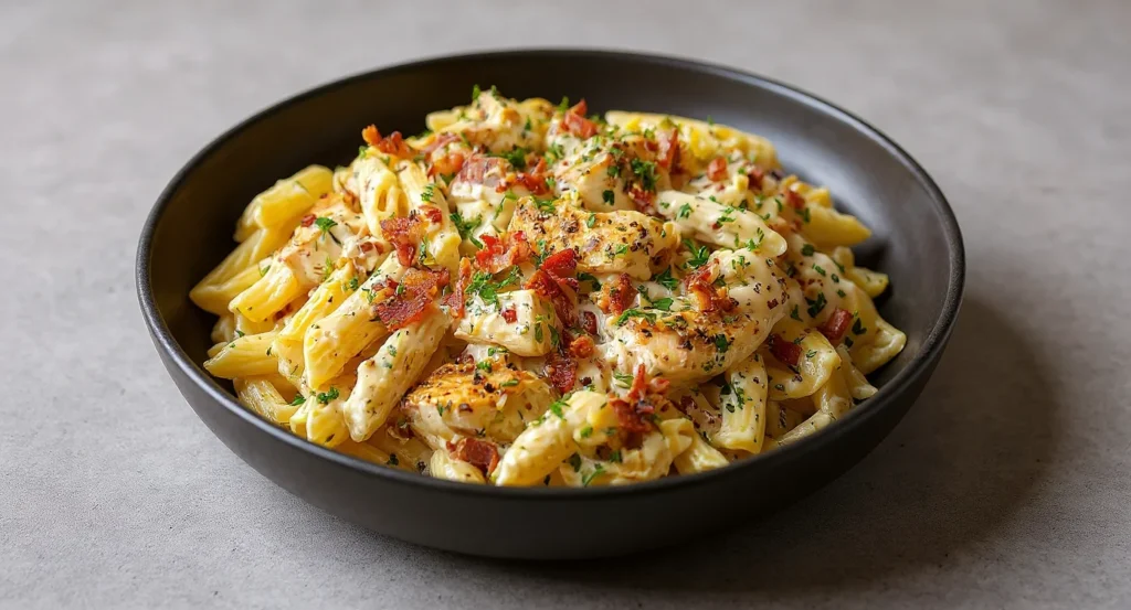 Easy Chicken Bacon Ranch Pasta Recipe featuring penne pasta in creamy ranch sauce with grilled chicken and crispy bacon