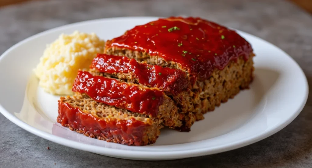 Easy Cracker Barrel Meatloaf Recipe with tangy glaze and fresh herbs on a plate with creamy mashed potatoes.