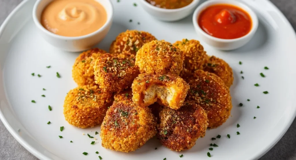Crispy Easy Ground Chicken Bites recipe with assorted dipping sauces on a plate.
