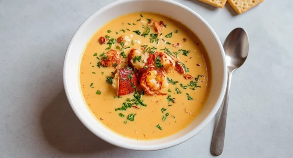 Creamy Easy Lobster Bisque Recipe topped with lobster meat and parsley in a white bowl