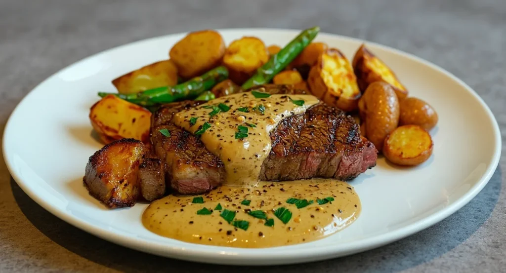 Easy New York Strip Steak Recipe with seared steak, rich sauce, and golden roasted potatoes.