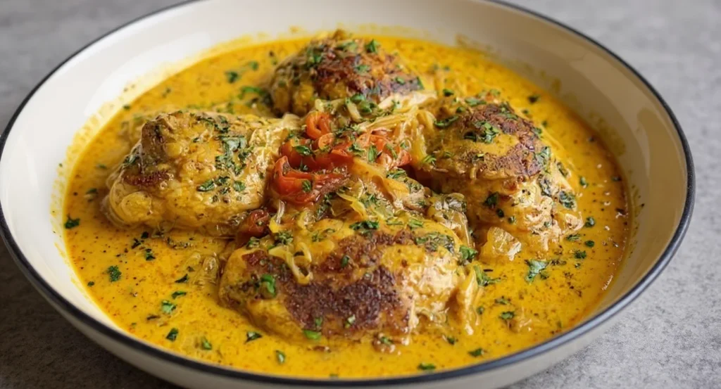 Easy Smothered Chicken Recipe with golden brown chicken thighs simmered in rich onion gravy.