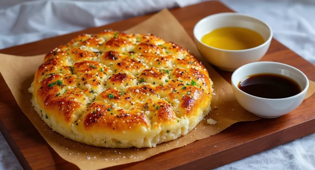 Easy Sourdough Focaccia Recipe with golden crust, fresh herbs, and garlic, perfect for dipping in olive oil and balsamic.