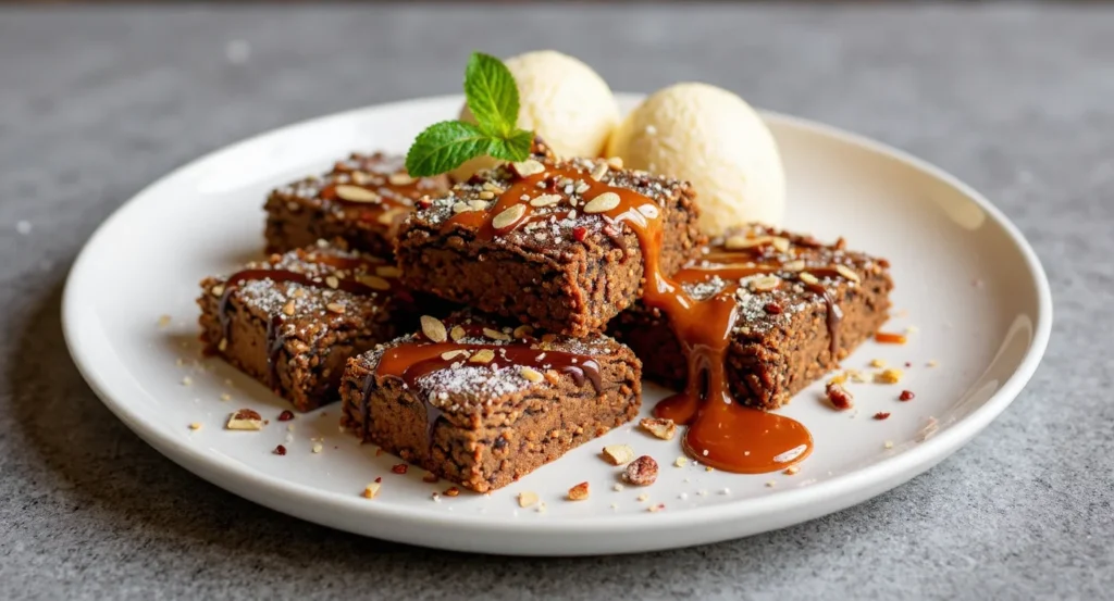 Easy Sweet Potato Brownies Recipe served with caramel drizzle, vanilla ice cream, and almond toppings