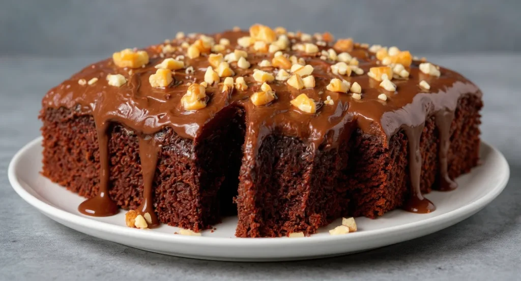 Moist Easy Texas Sheet Cake Recipe with chocolate icing and nut topping
