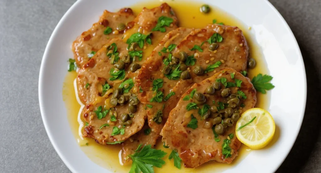Tender veal scallopini in lemon butter sauce with fresh parsley and capers