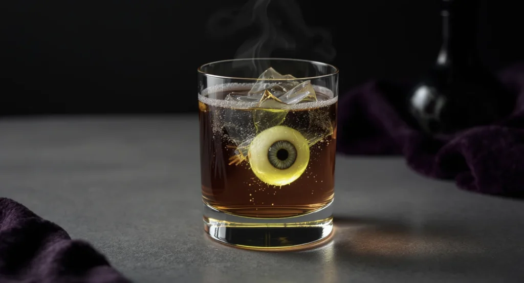 Chilling Eyeball Potion Halloween Drinks Cocktails with ice cubes and eerie eyeball garnish.
