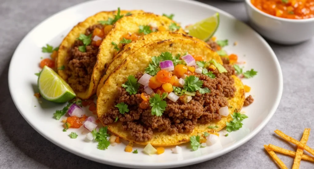 Ground beef taco meat recipe with tortillas, onions, cilantro, and lime wedges.