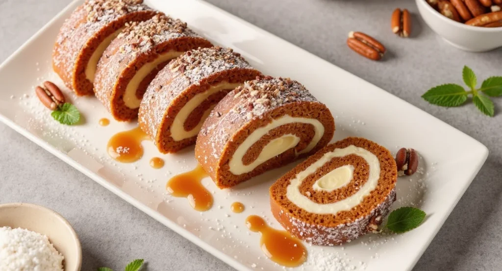 Healthy Pumpkin Roll Dessert sliced with creamy filling and nut topping