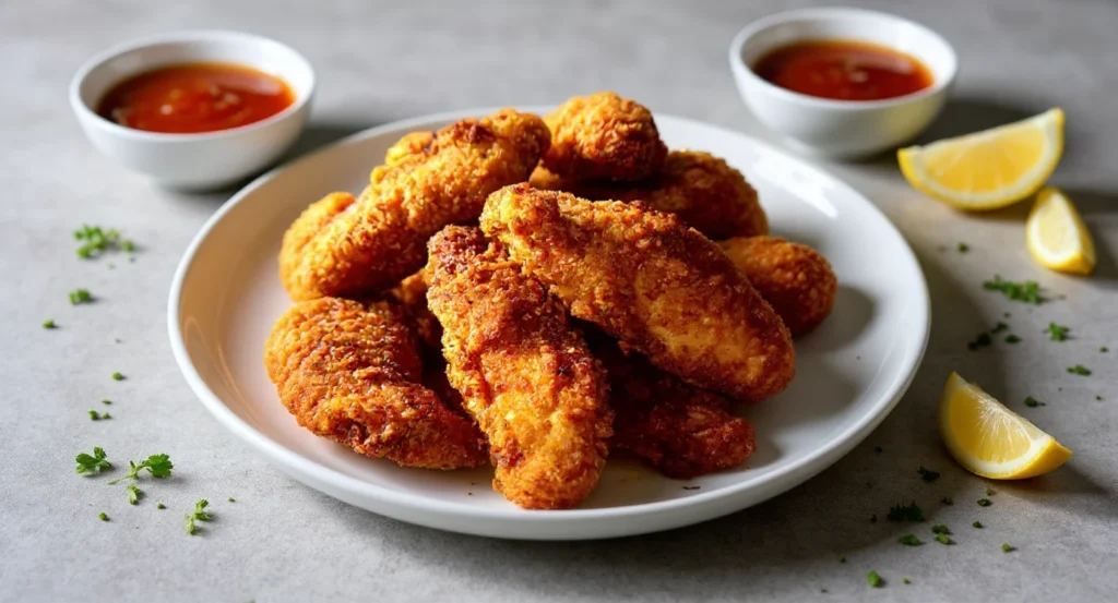 Delicious Homemade Fried Chicken Recipe with crispy golden coating on a plate.