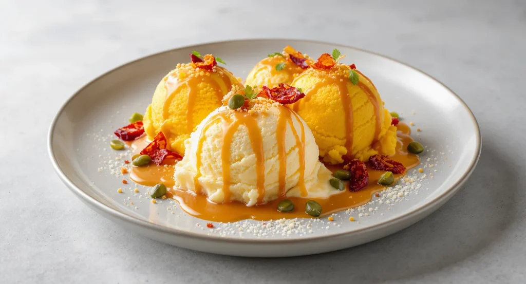 Colorful scoops of Homemade Mexican Ice Cream Recipe with rich sauce and crunchy toppings