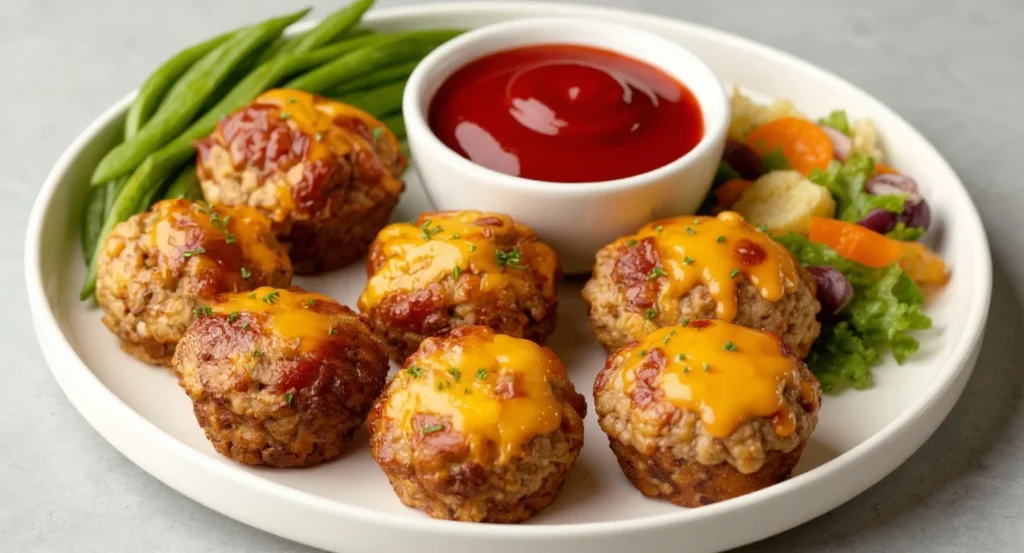 Juicy Muffin Tin Mini Meatloaf Recipe topped with melted cheddar cheese, served with green beans, salad, and ketchup dip.