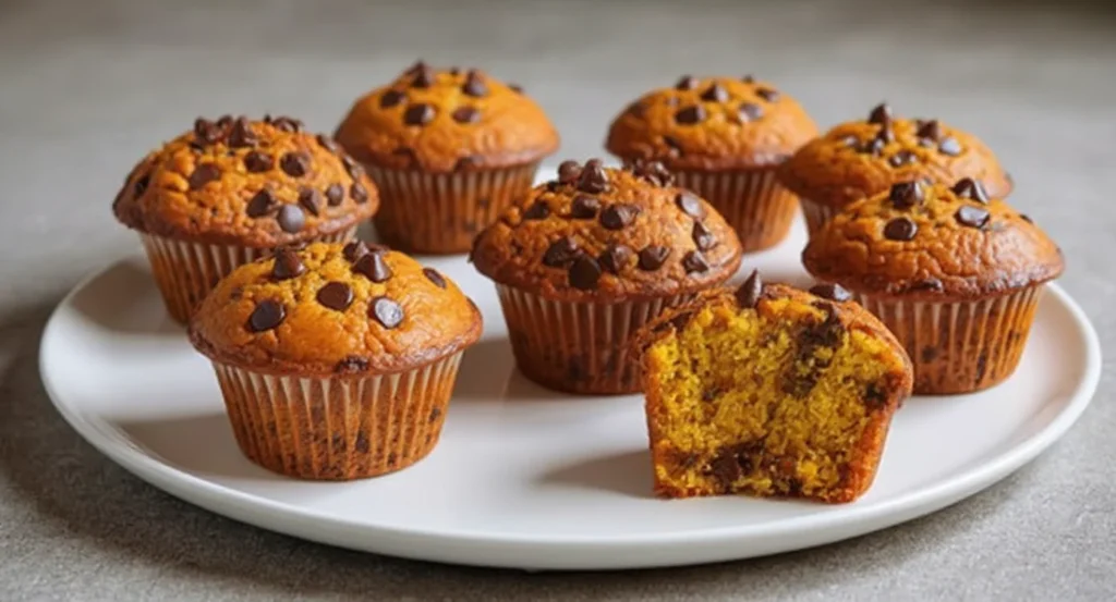 Pumpkin Chocolate Chip Muffins Recipe with moist texture and melted chocolate chips