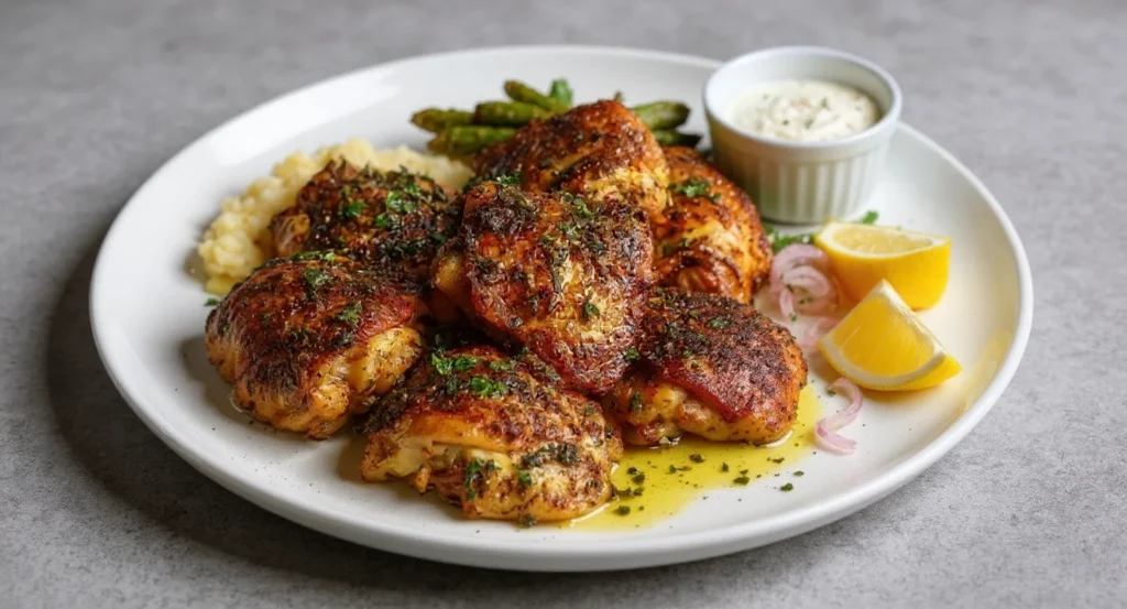 Golden crispy chicken thighs in oven with fresh herbs and lemon wedges