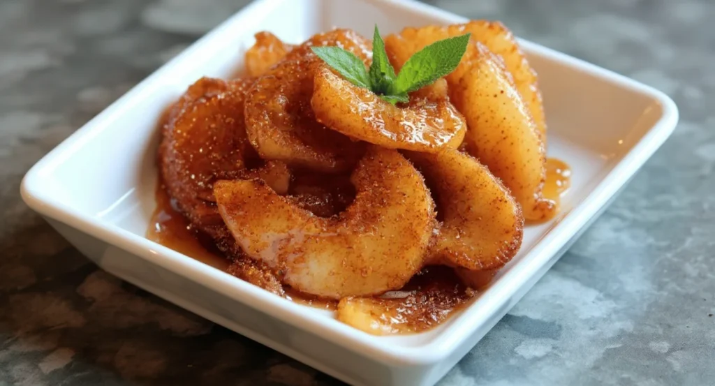 Easy southern fried apples recipe featuring tender cinnamon-coated apple slices on a plate.