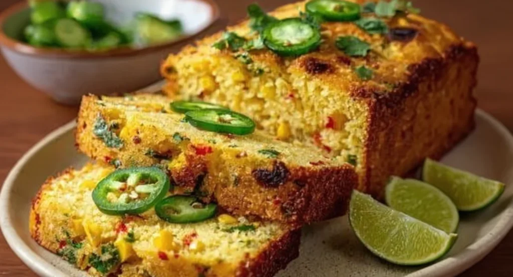 Moist Mexican cornbread recipe with jalapeño slices and herbs.