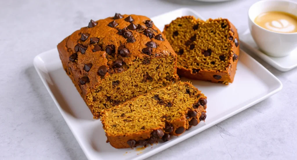 Pumpkin chocolate chip bread recipe with moist slices and melty chocolate chips served on a white plate