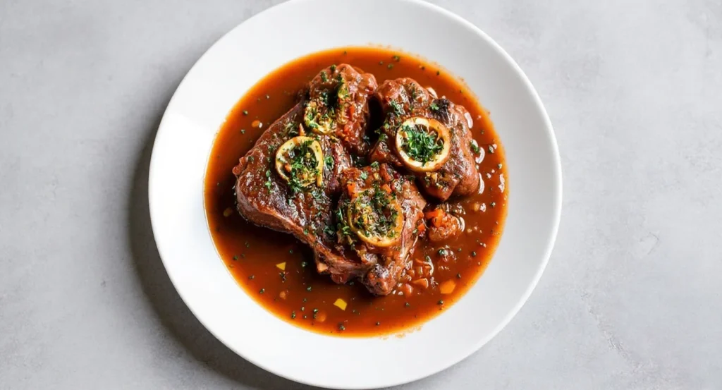 Authentic Italian Osso Buco Recipe with braised veal shanks in rich tomato and wine sauce